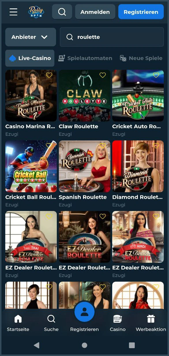 Alle verfügbaren Live-Casinospiele bei RollySpin