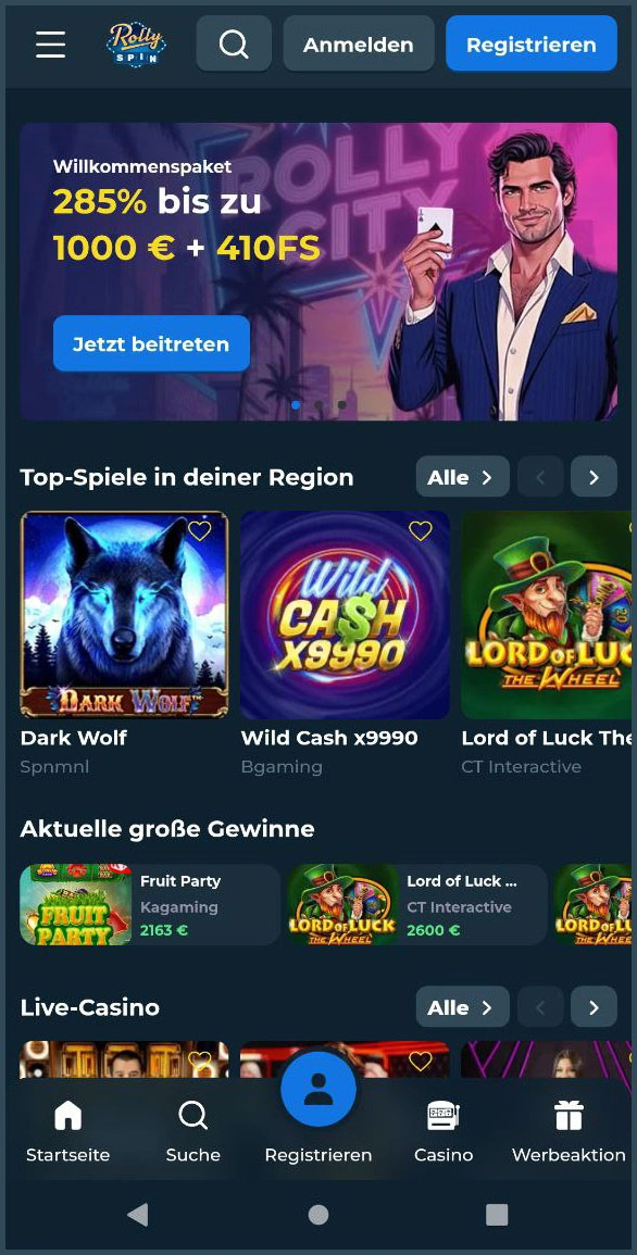 Übersicht der RollySpin-Hauptseite