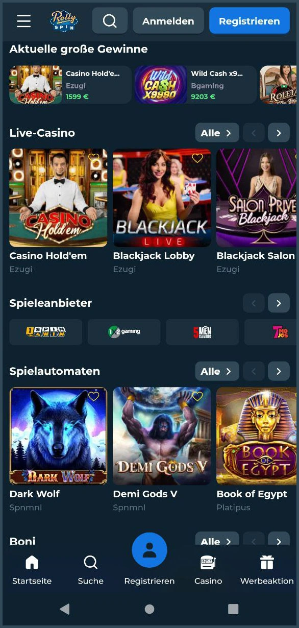Kompakte Übersicht der Hauptkategorien von RollySpin